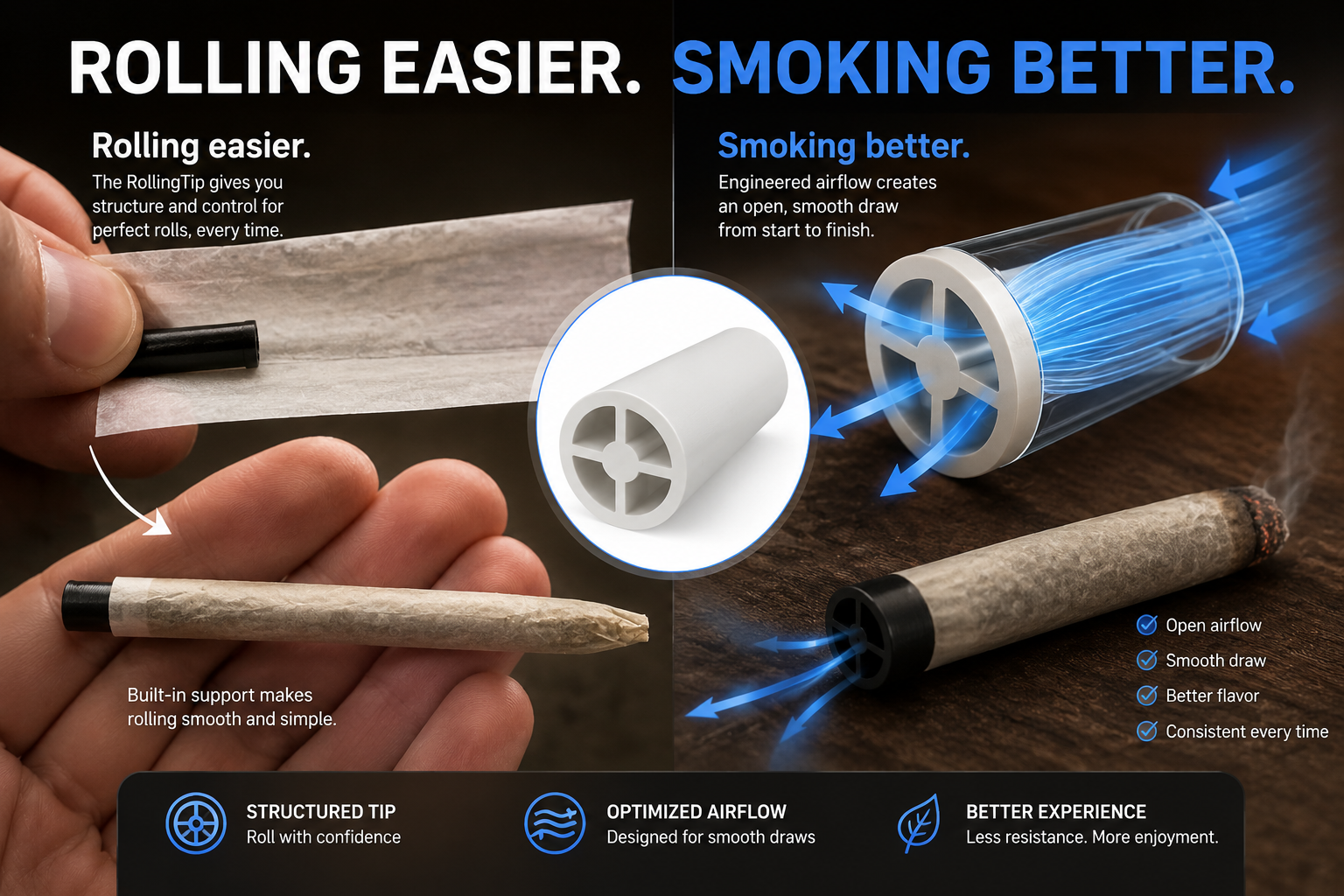 Diagram: the Rolling Tip gives structure for easier rolling and engineered airflow for a smoother, open draw